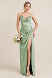 Oliv Fodral Satin Maxi Brudtärna Klänning med Slits
