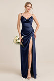 Oliv Fodral Satin Maxi Brudtärna Klänning med Slits
