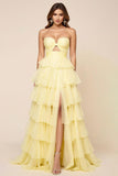 Hollow-out A Line Daffodil Organza Tiered Strapless Prom Dress with Slit