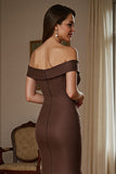 Off The Shoulder Sjöjungfru Satin Brown Formell Klänning Med Draperad Rosett