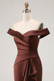 Brun Off The Shoulder Sjöjungfru Satin Formell Klänning Med Draperad Rosett