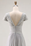 Silver En linje V-hals rynkad mor till bruden klänning