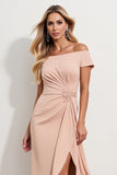 Off the Shoulder Slida Aprikos Rynkad Midi Klänning för Brudens Mor med Slits