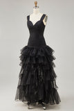 Svart Organza A-linje High-Low Formell Klänning med Volang Slits