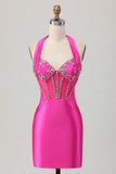Royal Blue Bodycon Halter Backless Satin Kort Balklänning med Strass