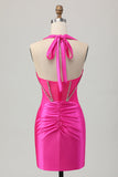 Royal Blue Bodycon Halter Backless Satin Kort Balklänning med Strass