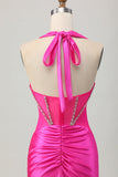Fuchsia Bodycon Halter Backless Satin Kort Balklänning med Strass