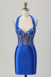 Fuchsia Bodycon Halter Backless Satin Kort Balklänning med Strass