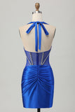 Royal Blue Bodycon Halter Backless Satin Kort Balklänning med Strass
