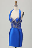 Fuchsia Bodycon Halter Backless Satin Kort Balklänning med Strass