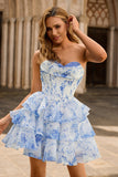Cowl Neck Blue Floral Print Homecoming Dress