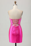 Fuchsia Axelbandslös Utskuren Pärlstav Bodycon Kort Balklänning