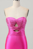Fuchsia Axelbandslös Utskuren Pärlstav Bodycon Kort Balklänning