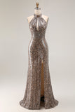 Glitter Golden Leopard Mermaid Halter Lång Balklänning med slits