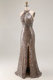 Glitter Golden Leopard Mermaid Halter Lång Balklänning med slits