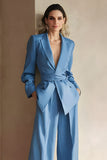 Blå 2 delar Satin Peak Kavajslag Business Suits med skärp