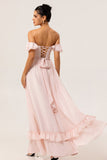 Off The Shoulder Ruffled Blush A Line Brudtärna Klänning Med Slits