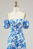 Off The Shoulder Blå Blommig Tryckt Bröllop Gäst Klänning Med Slits