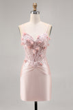 Rosa Satin Korsett Bodycon Kort Balklänning med Appliques