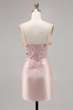 Rosa Satin Korsett Bodycon Kort Balklänning med Appliques