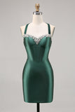 Mörkgrön korsett Satin Backless Bodycon Kort Balklänning