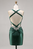 Mörkgrön korsett Satin Backless Bodycon Kort Balklänning