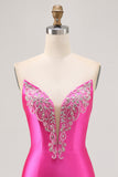 Fuchsia Axelbandslös pärlstav Bodycon Homecoming Klänning med slits