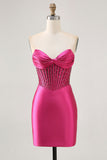 Glittrande Fuchsia Tight Pärlstav Korsett Kort Balklänning