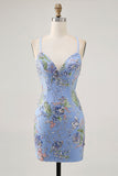 Glittrande Paljetter Rosa Bodycon Kort Blommig Kort Balklänning
