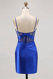 Royal Blue Sheer Korsett Plisserad Tight Kort Balklänning med slits