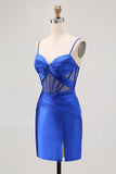 Royal Blue Sheer Korsett Plisserad Tight Kort Balklänning med slits