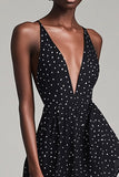 Svart Djup V-ringad Midi Vit Polka Dots Sommar Cocktail Klänning med Slits