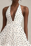 Halter A-linje Volang Vit Svart Polka Dots Klänning