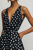 Svart Vit V-ringad A Line Polka Dots Klänning