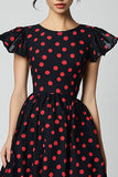 En linje volang ärmar Röd Polka Dots Klänning