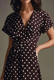 A Line Chiffong Kaffe Vita Polka Dots Klänning med Korta ärmar