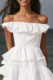 Elfenben Off The Shoulder Midi Förlovningsklänning med Volang