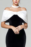 Off The Shoulder Svart Vit Sammet Slida Midi Formell Klänning