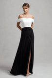 Svart Vit Satin Off The Shoulder Formell Klänning Med Slits
