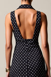 Svart Polka Dot Lång Chiffong Bröllop Gäst Klänning