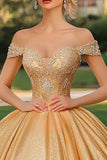 Glitter Guld Boll Klänning Off The Shoulder Prinsessa Lång Quinceanera Klänning Med Appliques