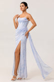 Blå Blommig Spaghetti Remmar Korsett Monterad Lång Brudtärna Klänning Med Slits