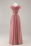 Dusty Rose V-ringad rynkad chiffong lång brudtärna klänning med drapering