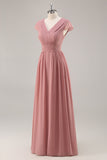 Dusty Rose V-ringad rynkad chiffong lång brudtärna klänning med drapering