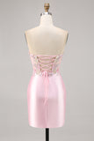 Godis Rosa Satin Bodycon Kort Korsett Homecoming Klänning med Applique
