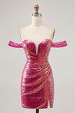 Glittrande Fuchsia Från Axeln Bodycon Paljett Homecoming Klänning