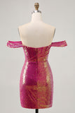 Glittrande Fuchsia Från Axeln Bodycon Paljett Homecoming Klänning