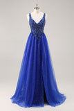 Glitter Royal Blue Beaded A Line Lång Balklänning med slits