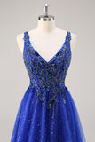 Glitter Royal Blue Beaded A Line Lång Balklänning med slits