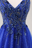 Glitter Royal Blue Beaded A Line Lång Balklänning med slits